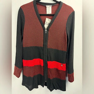 Zoe Red Black Colorblock Zip CardiganLightweight Knit Sweater Textured Pattern M